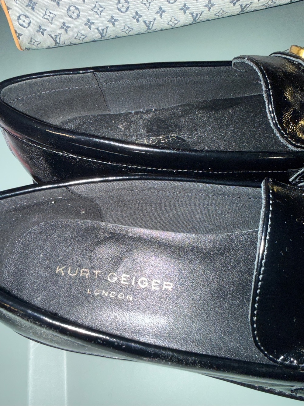 Kurt Geiger Black Patent Loafers with Gold Emblem - Picture 2 of 5